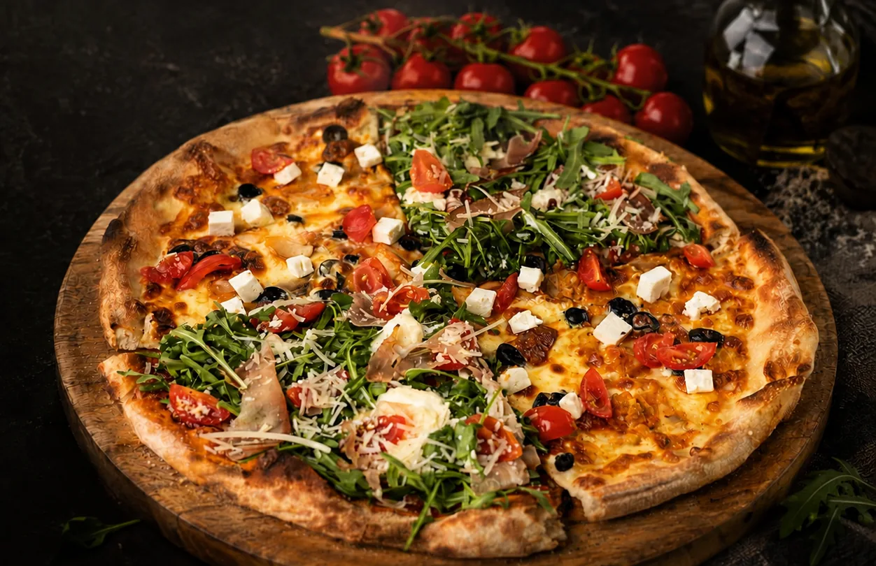 Pizza rukkolával, sonkával, fetával és koktélparadicsommal, fatálon
